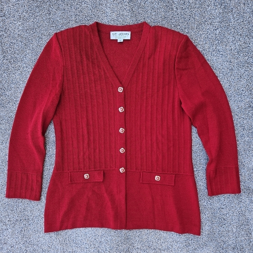 St. John Collection Jacket Ribbed Heavy Cardigan Brilliant Gold Buttons Size 12